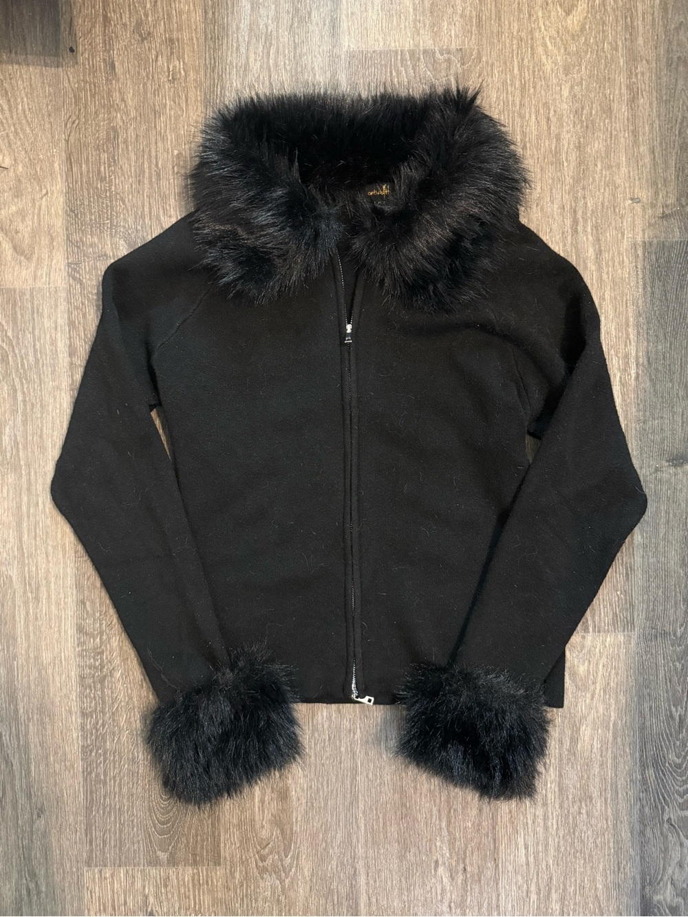 On Twelfth Black Zip Front Jacket with Faux Fur Trim